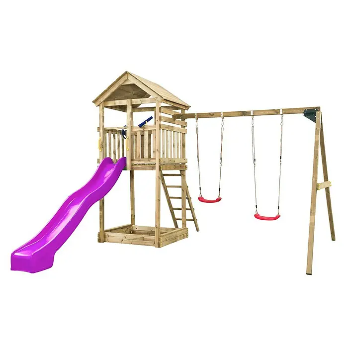 Swing King Kinderspielturm Daan - Holz/ Violet - Hölzernes Spielhaus mit Rutsche und Schaukel. Der Spielturm bietet viel Spaß im Freien. Perfekt für Kinder zum Spielen und Entdecken im Garten.