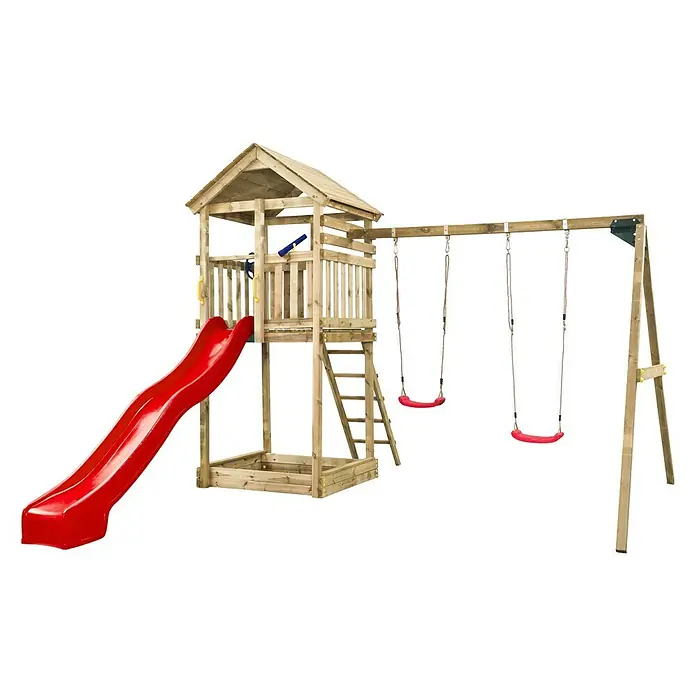 Swing King Kinderspielturm Daan - Holz/ Rot - Spielplatz mit Rutsche und Schaukeln aus Holz für Kinder zum Spielen und Toben im Garten.