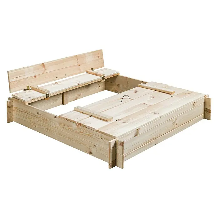 Swing King Sandkasten Gucio - 120 x 120 x 20 cm, Holz - Ein rechteckiger Sandkasten aus Holz mit Deckel und einer Rückenlehne, ideal für Kinder zum Spielen und Entdecken im Freien.