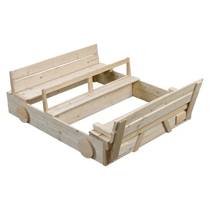 Swing King Sandkasten Auto - 100 x 120 x 20 cm, Holz, Unbehandelt - Holzsandkasten in Form eines Autos mit Sitzbänken und Rädern für Kinder zum Spielen im Garten.