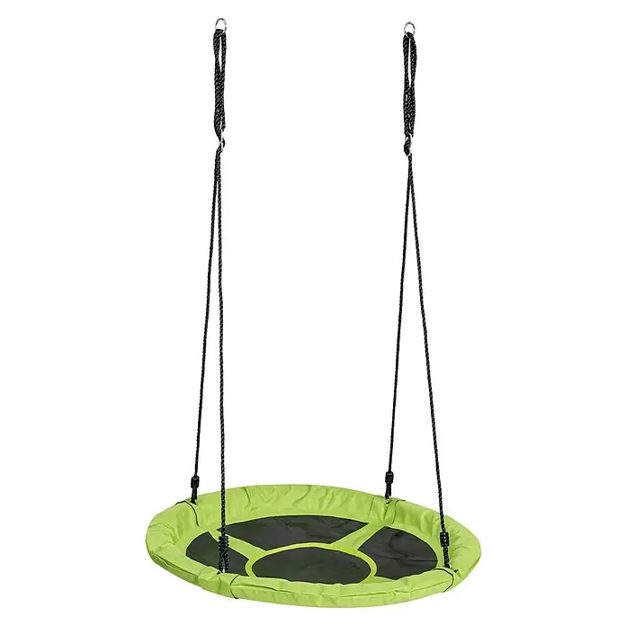 Swing King Nestschaukel Leinwand - Durchmesser: 98 cm, Grün - Eine grüne Nestschaukel mit schwarzen Seilen hängt vor einem schwarzen Hintergrund. Ideal für Kinder zum Spielen im Freien.