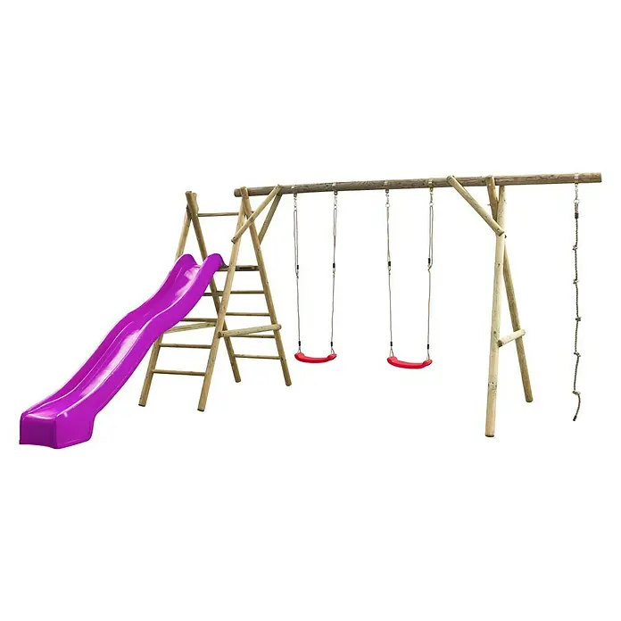 Swing King Kinderspielturm Noortje - L x B x H: 375 x 450 x 220 cm, Holz/ Violet - Holzspielplatz mit lila Rutsche, zwei roten Schaukeln und einer Strickleiter. Ideal für Spaß und Bewegung im Garten.