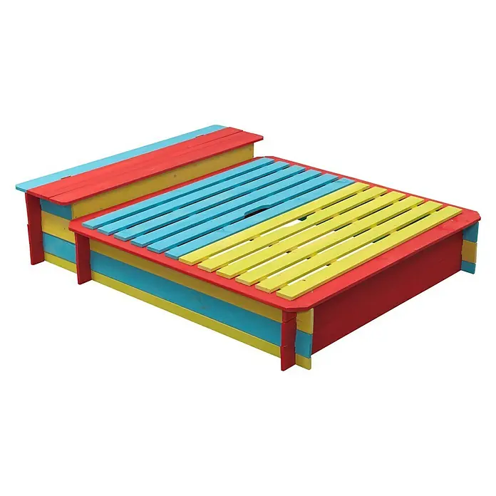 Swing King Sandkasten Jade - 120 x 150 x 35 cm, Holz - Farbenfroher Sandkasten aus Holz mit rot, gelb und blau gestrichenen Brettern, ideal für Kinder zum Spielen im Freien.