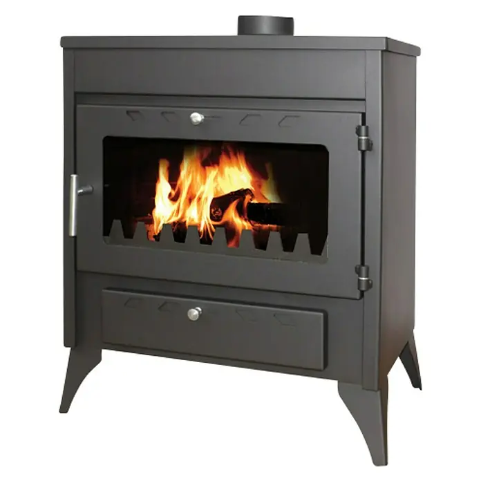 Estufa de leña Capri - 13 kW, Volumen de calefacción: 240 m³, Gris - Estufa de leña negra con leña ardiendo y un cajón para guardar. Calor acogedor para tu hogar.
