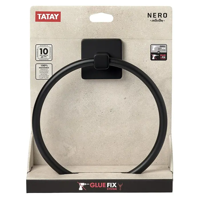 Tatay Nero Toallero de anilla - Negro, Mate - Un toallero negro Nero de Tatay que puede ser perforado o adherido con el sistema Glue Fix.