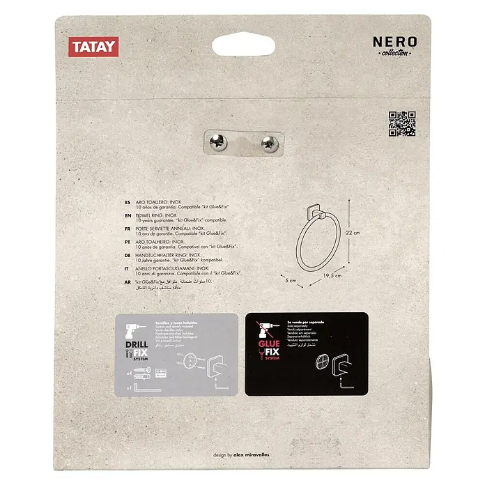 Tatay Nero Toallero de anilla - Negro, Mate - Embalaje del aro toallero de acero inoxidable Tatay Nero con 10 años de garantía, compatible con el sistema Glue&Fix.