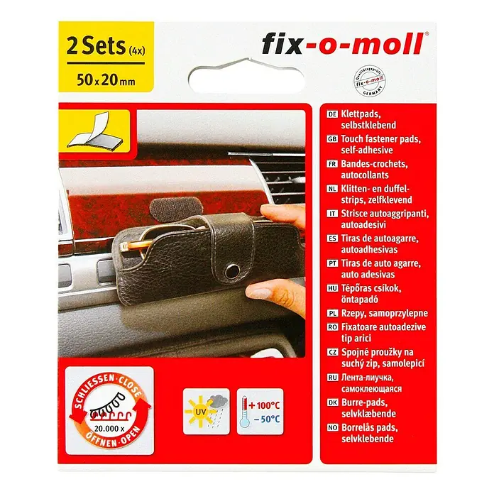 Fix-o-moll Klettpad - 50 x 20 mm, Schwarz, Kleben, 2 Stk. - Fix-o-moll Klettpads, selbstklebend, 2 Sets (4x), 50x20 mm, ideal zum Befestigen von Gegenständen im Auto oder Zuhause.
