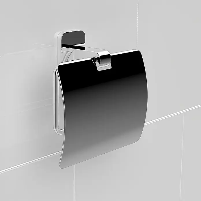 Tatay Slim Portarrollos papel higiénico - Con tapa, Cromo - Imagen de un portarrollos de papel higiénico cromado con tapa montado en una pared blanca del baño.