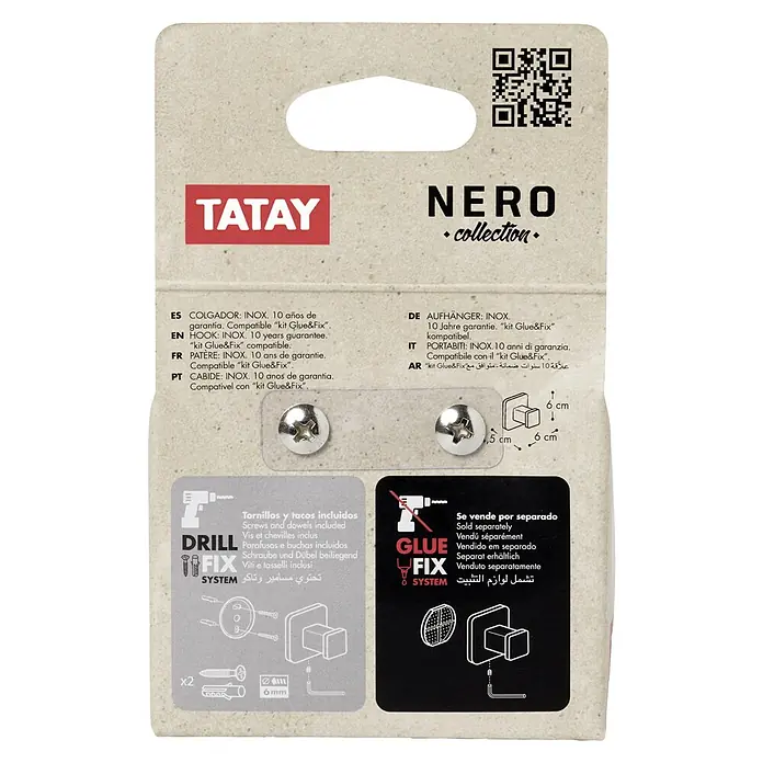 Tatay Nero Colgador de baño - L x Al: 4,6 x 6 cm, Número de ganchos: 1 ud., Negro - Colgador de acero inoxidable con 10 años de garantía, compatible con "kit Glue&Fix", para montaje en pared con tornillos o cola.