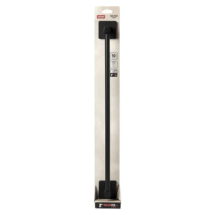 Tatay Nero Toallero de barra - Ancho: 60 cm, Negro - Una imagen vertical del toallero Tatay Nero con el sistema Glue Fix, que destaca por su diseño elegante y negro.