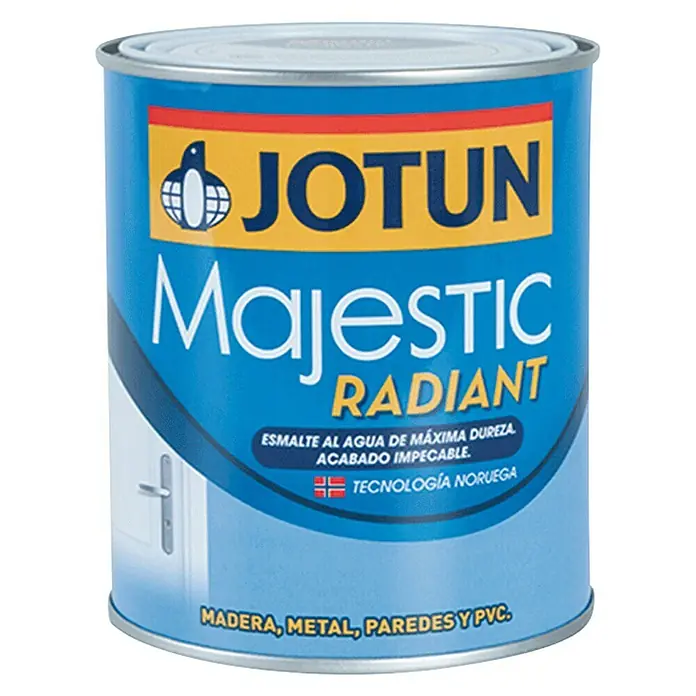 Jotun Esmalte Majestic Radiant - 750 ml, Satinado, Base Amar - Bote de pintura Jotun Majestic Radiant, una pintura brillante de alta calidad para madera, metal, paredes y PVC. Asegura un acabado impecable y máxima durabilidad.