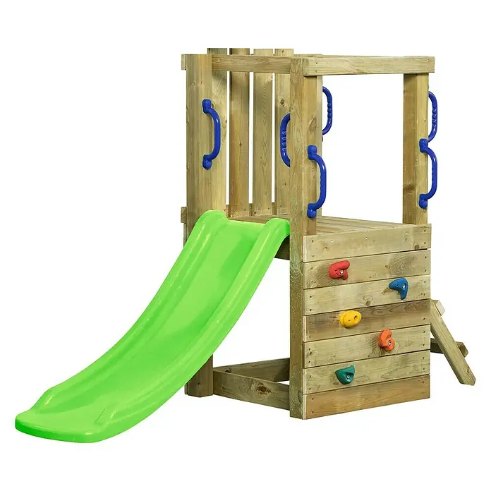 Swing King Kinderspielturm Irma - L x B x H: 190 x 66 x 125 cm, Holz/ Apfelgrün - Spielturm aus Holz mit Rutsche und Kletterwand für Kinder zum Spielen und Toben im Garten.