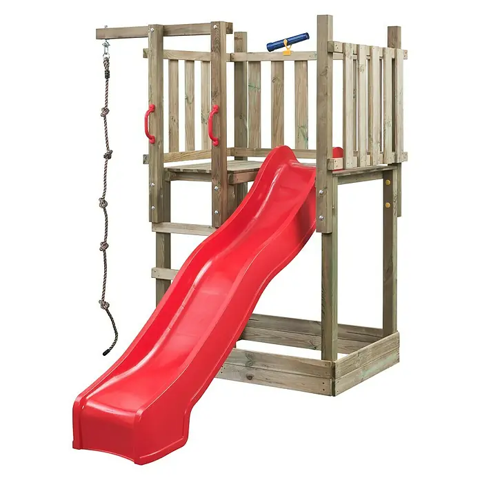 Swing King Kinderspielturm Mario - L x B x H: 131 x 250 x 209 cm, Holz/ Rot - Holzspielturm mit roter Rutsche, Kletterseil und Sprossenaufgang. Ideal für den Garten zum Spielen und Austoben für Kinder jeden Alters.