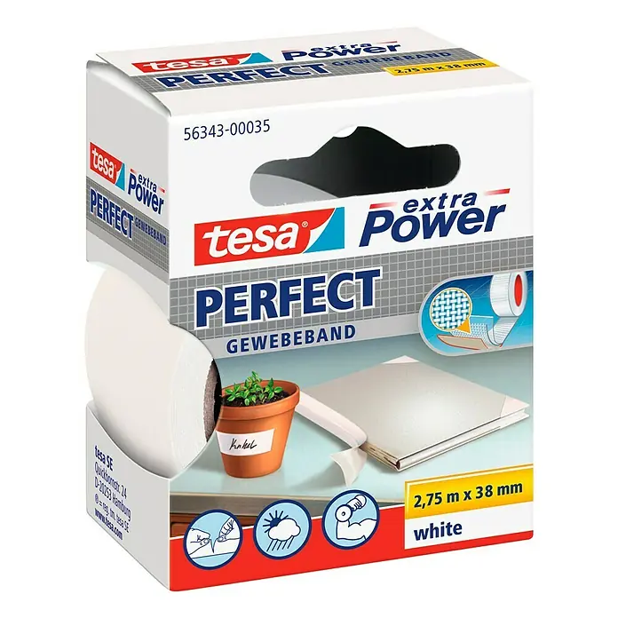 Tesa Extra Power Gewebeband PERFECT - Weiß, 2,75 m x 38 mm - Bild einer Tesa Perfect Gewebeband-Verpackung, die eine weiße Rolle, eine Pflanze und Produktdetails zeigt.