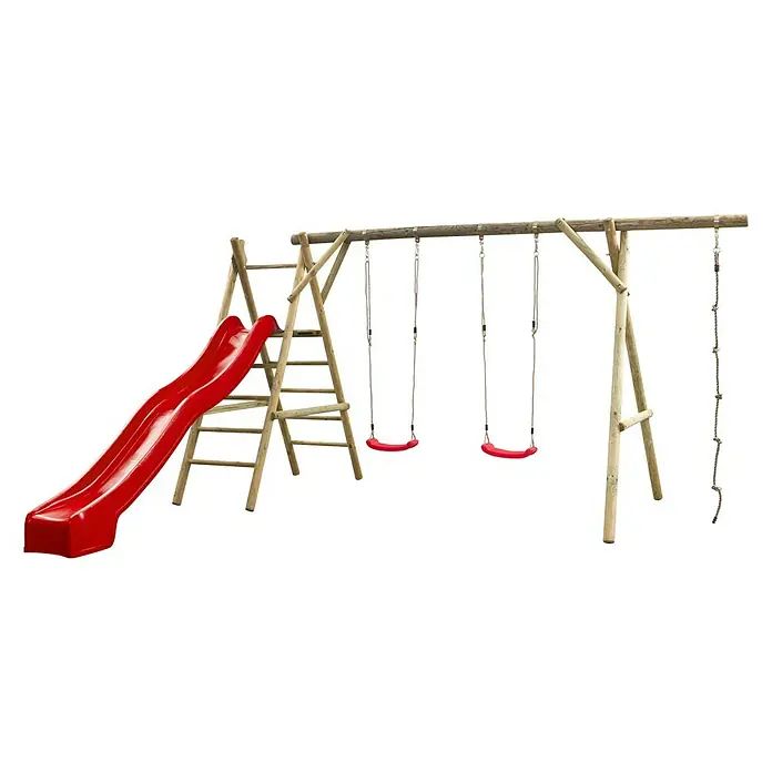 Swing King Kinderspielturm Noortje - L x B x H: 375 x 450 x 220 cm, Holz/ Rot - Spielplatzgerät aus Holz mit Rutsche, Schaukeln und Kletterseil für stundenlangen Spielspaß im Garten.