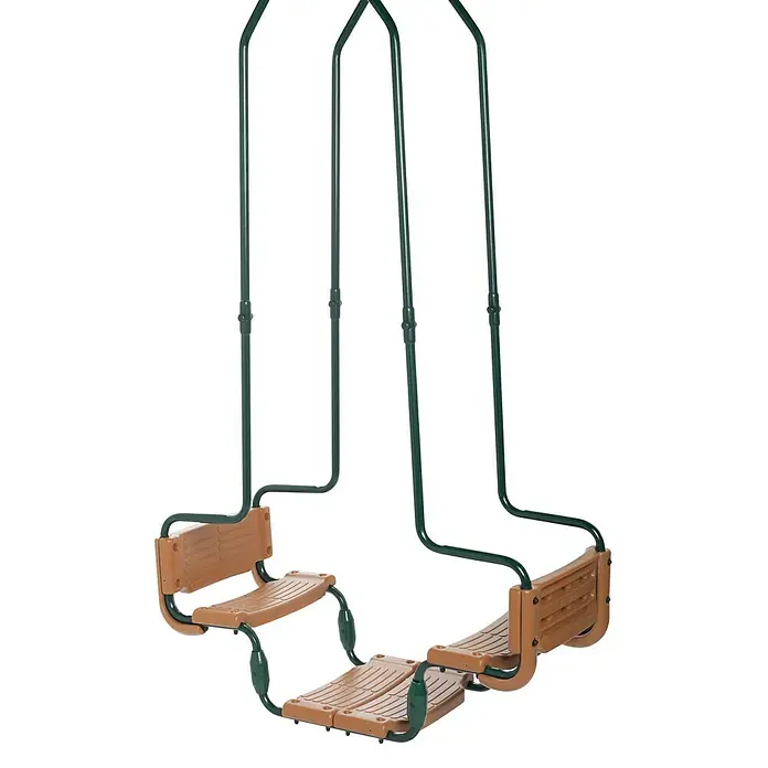 Swing King Gondelschaukel - L x B x H: 41 x 110 x 225 cm, Metall - Nahaufnahme einer Doppelschaukel mit braunen Sitzen und grünem Metallrahmen, ideal für Spielplätze und Gärten.