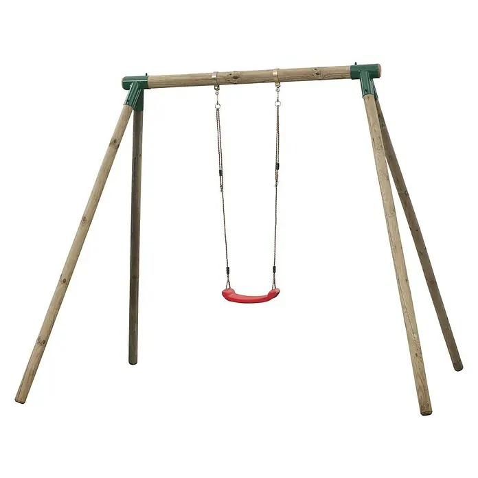 Swing King Schaukel - B x L: 290 x 200 cm, Holz - Eine freistehende Schaukel mit einem roten Sitz und einem hölzernen Rahmen. Die Schaukel ist auf einem schwarzen Hintergrund isoliert.