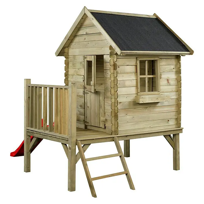 Swing King Spielhaus Camilla - L x B x H: 184 x 177 x 210 cm, Holz, Holz/ Rot - Ein hölzernes Spielhaus mit Rutsche und Leiter auf einem schwarzen Hintergrund.