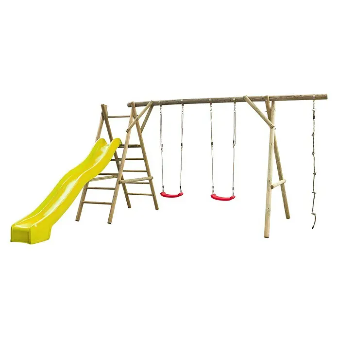 Swing King Kinderspielturm Noortje - L x B x H: 375 x 450 x 220 cm, Holz/ Gelb - Bild eines hölzernen Spielplatzes mit gelber Rutsche, Schaukeln und Kletterleiter, ideal für stundenlangen Spaß im Freien.