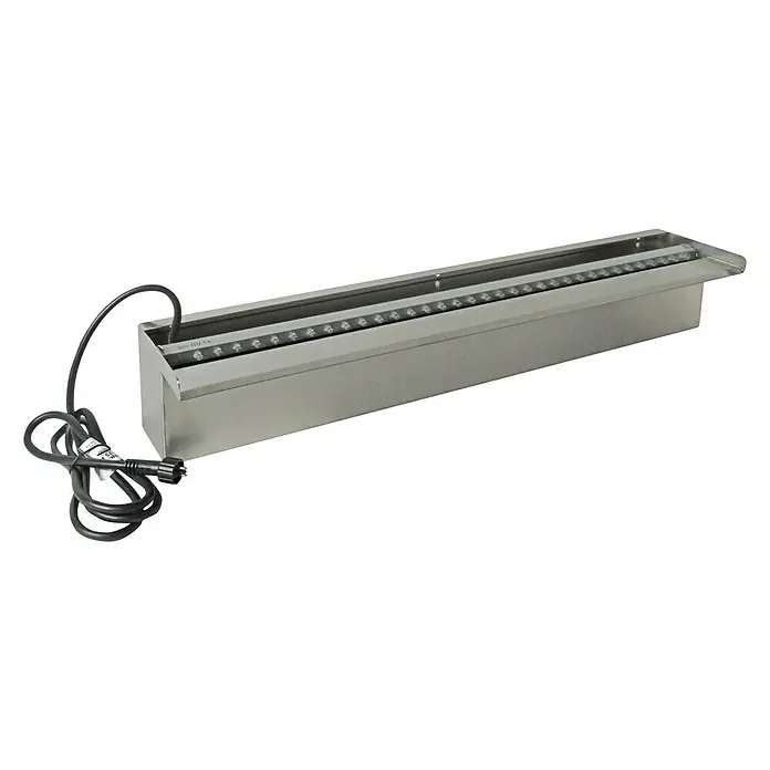 Ubbink Einbau-Wasserfall Niagara - 12,5 x 60 x 10 cm, Edelstahl, LED - Produktbild eines Edelstahl-Wasservorhangs mit integrierter Beleuchtung und Kabel.