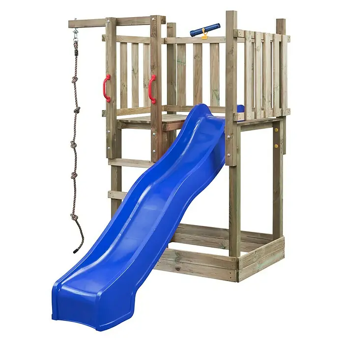 Swing King Kinderspielturm Mario - L x B x H: 131 x 250 x 209 cm, Holz/ Blau - Ein Holzklettergerüst mit blauer Rutsche, Seilleiter und rotem Griff. Ideal für Spaß und Bewegung im Garten für Kinder.