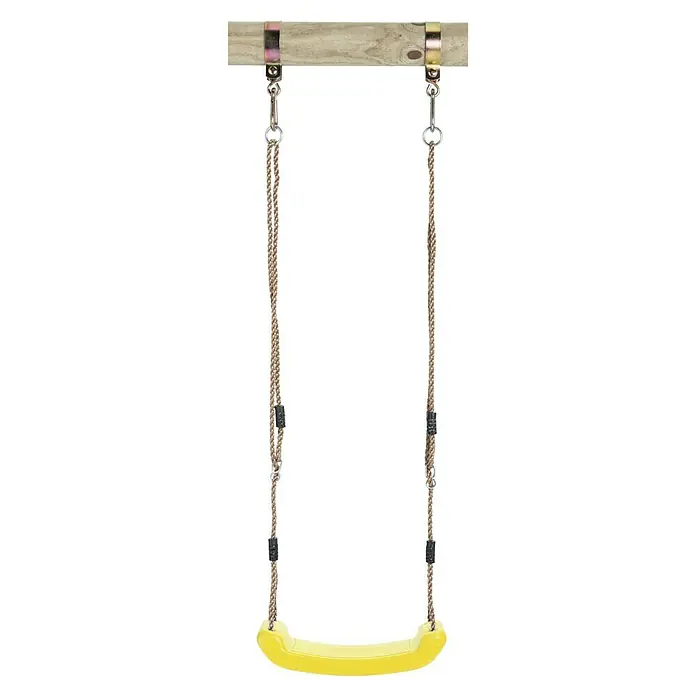Swing King Schaukel - Kunststoff, Gelb, L x B x H: 43 x 17 x 8 cm - Nahaufnahme einer gelben Schaukelsitz mit Seilen und Metallschnallen, die an einem Holzbalken befestigt sind.