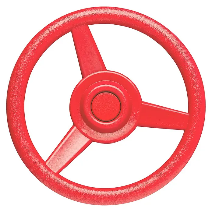 Swing King Kinder-Lenkrad - Durchmesser: 32 cm, Kunststoff, Rot - Rotes Steuerrad auf schwarzem Hintergrund. Robustes, dreispeichiges Ventilrad für industrielle Anwendungen.