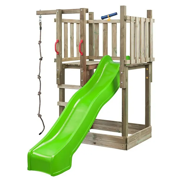 Swing King Kinderspielturm Mario - L x B x H: 131 x 250 x 209 cm, Holz/ Apfelgrün - Eine farbenfrohe Spielanlage aus Holz mit Rutsche, Kletterseil und rotem Griff bietet Kindern vielfältige Spielmöglichkeiten im Freien.