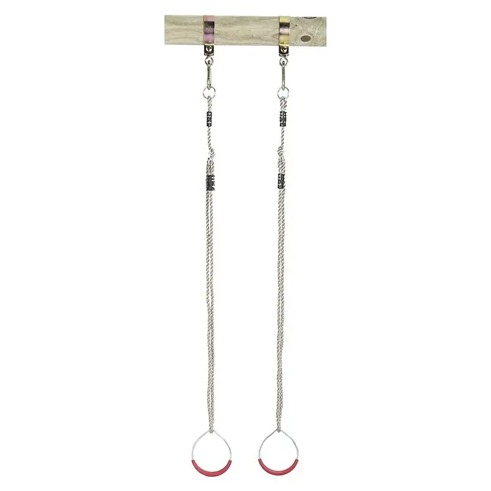 Swing King Turnring-Set - 185 cm, Metall/ Rot - Schaukelringe mit rosa Griffen hängen an einem Holzbalken. Die Seile sind aus robustem Material gefertigt, ideal für Kinder.