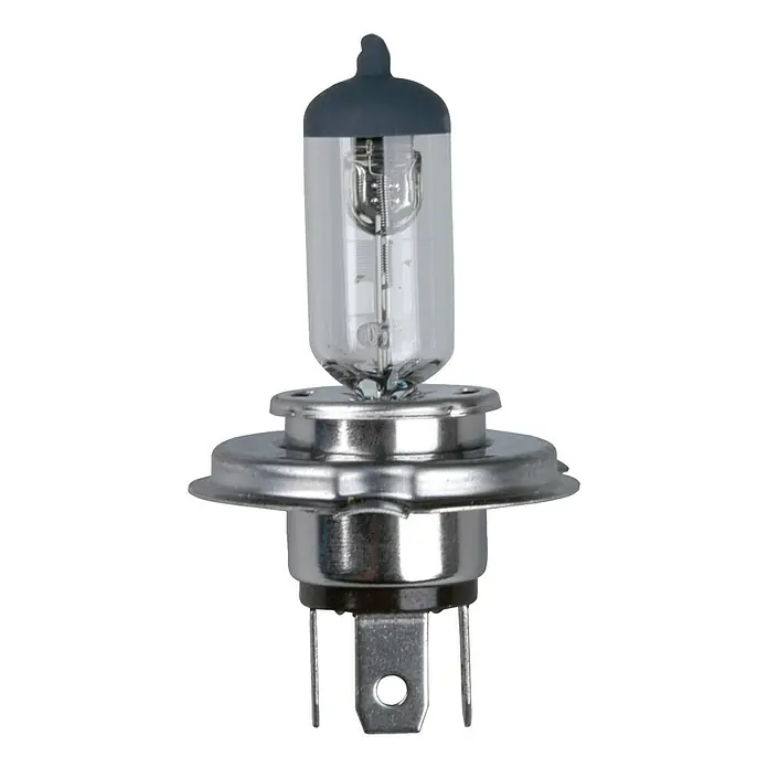 UniTEC Halogen-Scheinwerferlampe - H4, 1 Stk. - Frontscheinwerferlampe. Die Lampe hat ein durchsichtiges Gehäuse und einen grauen Kopf. Sie ist ein wichtiges Autoteil für sicheres Fahren.