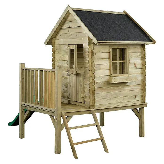 Swing King Spielhaus Camilla - L x B x H: 184 x 177 x 210 cm, Holz, Holz/ Grün - Ein hölzernes Spielhaus für Kinder mit Rutsche und Leiter, ideal für den Garten. Das Haus hat ein schwarzes Dach und Fenster.