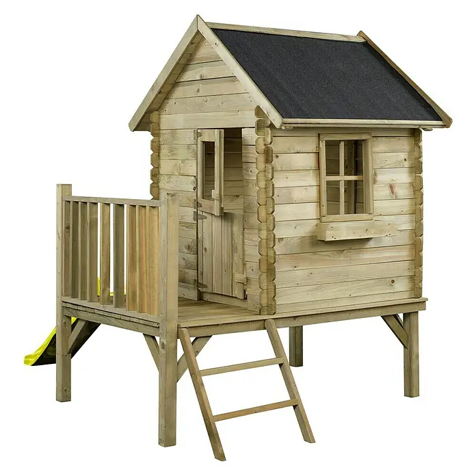 Swing King Spielhaus Camilla - L x B x H: 184 x 177 x 210 cm, Holz, Holz/ Gelb - Ein hölzernes Spielhaus für Kinder mit Leiter, Geländer und Rutsche im Garten.