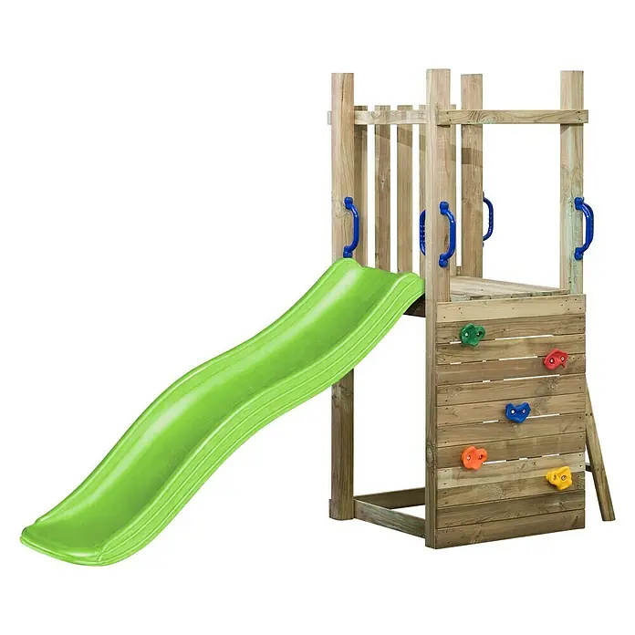 Swing King Kinderspielturm Irma - L x B x H: 160 x 70 x 175 cm, Holz/ Apfelgrün - Hölzerner Spielturm mit grüner Rutsche und Kletterwand für Kinder zum Spielen im Garten.
