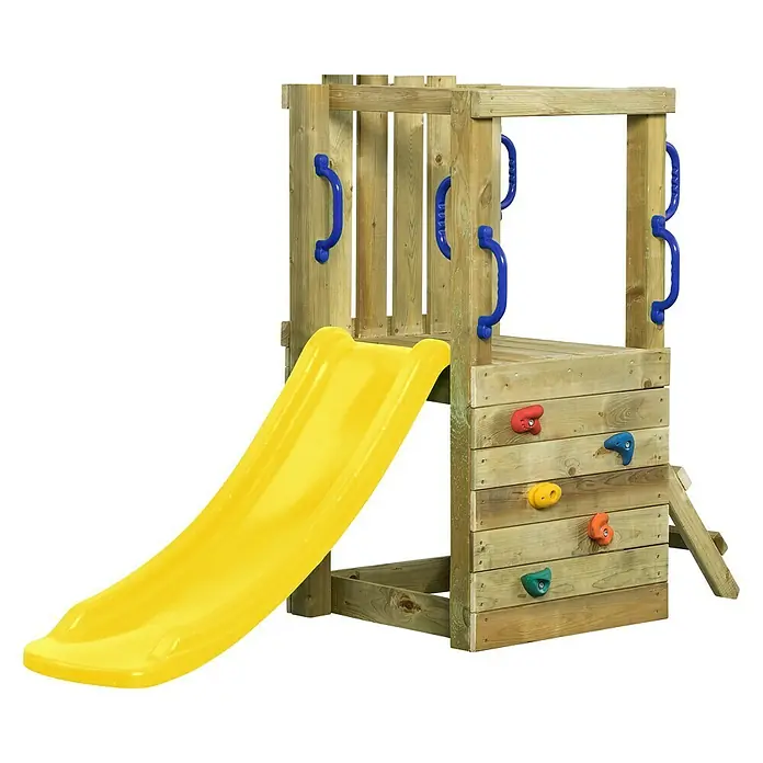 Swing King Kinderspielturm Irma - L x B x H: 190 x 66 x 125 cm, Holz/ Gelb - Holzspielturm mit gelber Rutsche und farbigen Klettergriffen für Kinder. Ideal für den Garten.