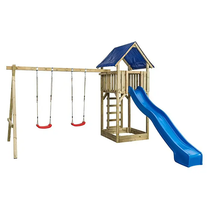 Swing King Kinderspielturm Jonas - Holz/ Blau - Holzspielplatz mit Schaukeln, Kletterturm und Rutsche. Ideal für stundenlangen Spielspaß im Freien für Kinder jeden Alters.