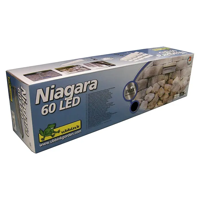 Ubbink Einbau-Wasserfall Niagara - 12,5 x 60 x 10 cm, Edelstahl, LED - Ein Karton mit der Aufschrift "Niagara 60 LED", der ein Wasserspielelement mit LED-Beleuchtung für Gärten enthält.