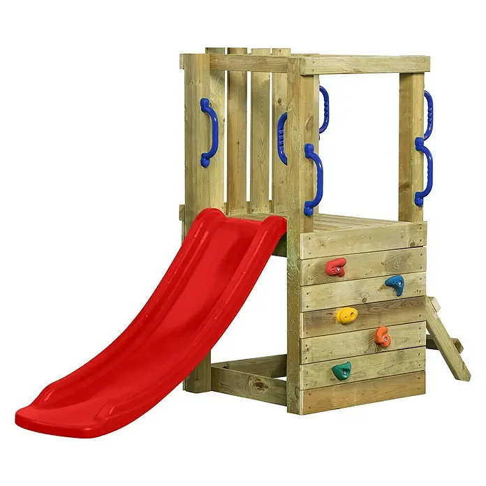 Swing King Kinderspielturm Irma - L x B x H: 190 x 66 x 125 cm, Holz/ Rot - Holzspielturm mit roter Rutsche, Kletterwand und blauen Griffen für Kinder zum Spielen und Toben im Garten.