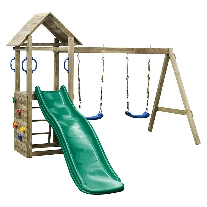 Swing King Kinderspielturm Maria - L x B x H: 295 x 160 x 210 cm, Holz/ Grün - Ein hölzerner Spielturm mit Rutsche, Kletterwand und Schaukel für stundenlangen Spaß im Garten. Perfekt für aktive Kinder!