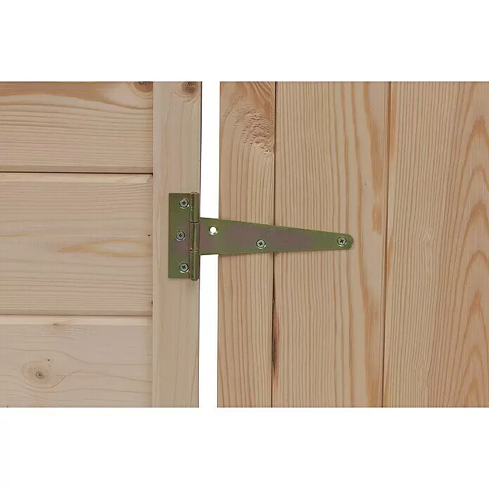 Swing King Spielhaus Monique - L x B x H: 120 x 120 x 160 cm, Holz, Holz - Goldfarbenes T-Band sicher auf zwei hellen Holzplatten montiert, die diese zu einer Tür verbinden.