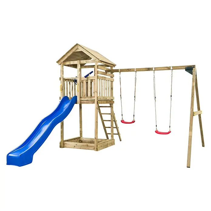 Swing King Kinderspielturm Daan - Holz/ Blau - Ein hölzernes Spielhaus mit Rutsche und zwei Schaukeln bietet vielfältigen Spielspaß im Garten. Ideal zum Klettern, Rutschen und Schaukeln für Kinder.