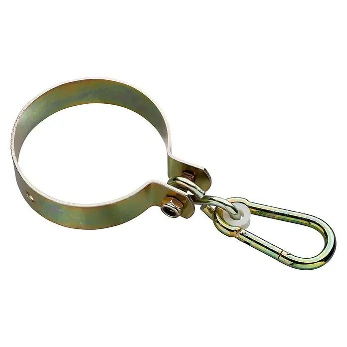 Swing King Schaukelhaken - Ø x L: 12 x 3 cm, Gelb, 2 -tlg. - Das Bild zeigt eine Rohrschelle mit Karabinerhaken, ideal zur Befestigung. Gelb verzinkt für Korrosionsschutz und hohe Stabilität.
