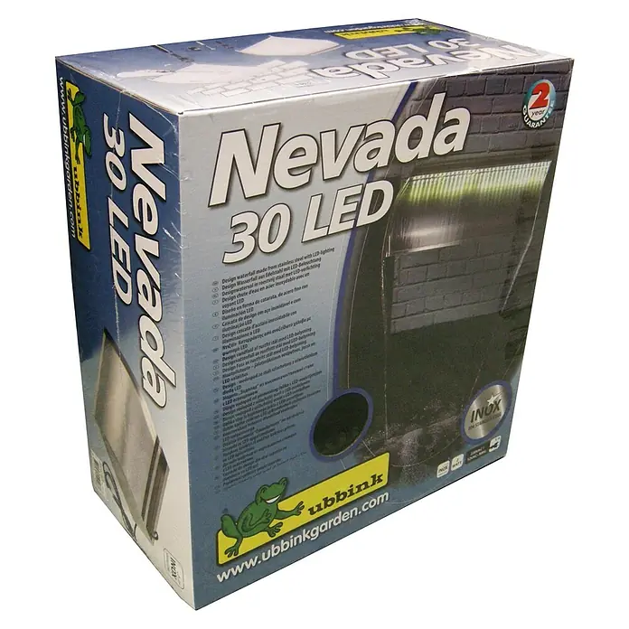Ubbink Einbau-Wasserfall Nevada - 33 x 30 x 13 cm, Edelstahl, LED - Produktverpackung für Nevada 30 LED Wasserfall aus Edelstahl mit Beleuchtung.