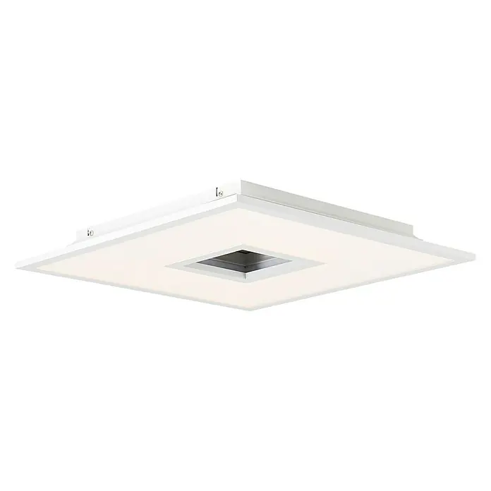 Brilliant LED-Deckenleuchte Ellia - 24 W, L x B x H: 45 x 45 x 5 cm, Weiß, Kaltweiß - Nahaufnahme einer modernen quadratischen LED-Deckenleuchte mit eingelassenem, quadratischem Mittelteil vor einem schwarzen Hintergrund.