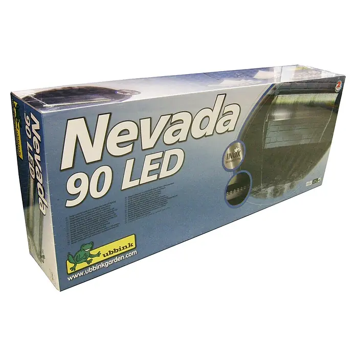 Ubbink Einbau-Wasserfall Nevada - 33 x 90 x 13 cm, Edelstahl, LED - Nahaufnahme der Verpackung eines "Nevada 90 LED" Teichstrahlers der Marke Ubbink, ideal zur Beleuchtung von Gartenteichen.