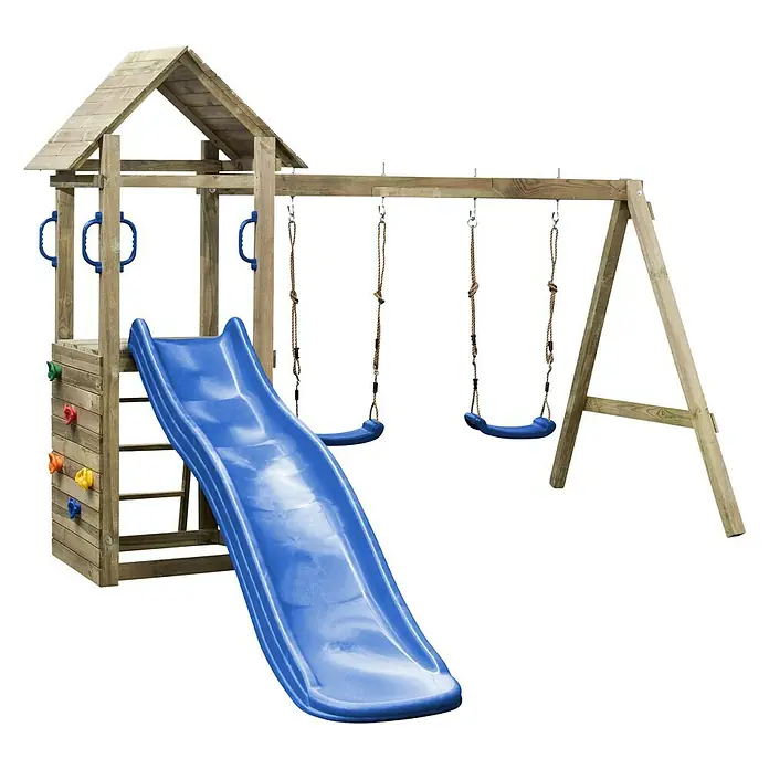 Swing King Kinderspielturm Maria - L x B x H: 295 x 160 x 210 cm, Holz/ Blau - Holzspielturm mit blauer Rutsche, Kletterwand und zwei Schaukeln bietet stundenlangen Spielspaß im Garten.