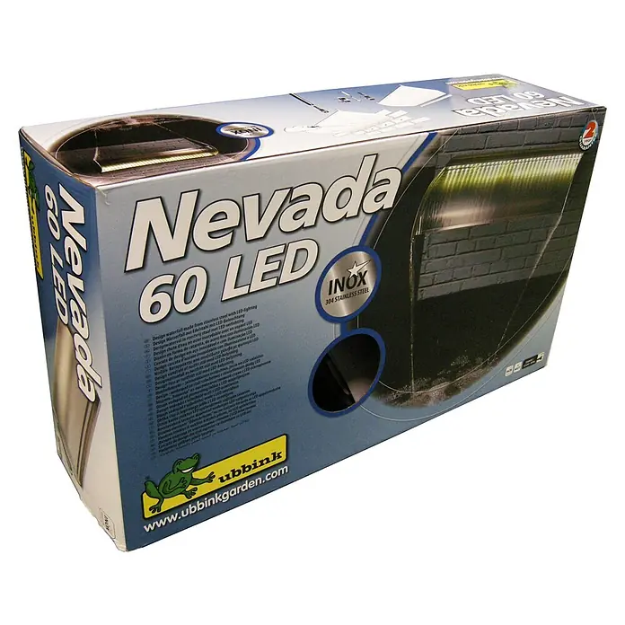 Ubbink Einbau-Wasserfall Nevada - 33 x 60 x 13 cm, Edelstahl, LED - Verpackung der Nevada 60 LED Design Wasserfall aus Edelstahl mit LED-Beleuchtung, eine moderne und stilvolle Ergänzung für jeden Garten.