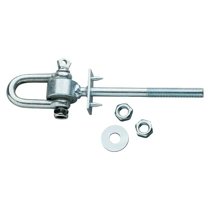Swing King Schaukelhaken - Ø x L: 1,2 x 1,35 cm, 1 -tlg. - Nahaufnahme eines verzinkten Schaukelsitzaufhängersatzes mit Schrauben und Muttern auf schwarzem Hintergrund.