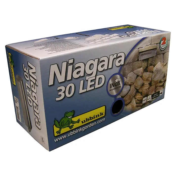Ubbink Einbau-Wasserfall Niagara - 12,5 x 30 x 10 cm, Edelstahl, LED - Nahaufnahme der Verpackung für das Niagara 30 LED-Beleuchtungsset, ideal zur Beleuchtung von Gartenteichen und Wasserfällen mit Edelstahlkomponenten.