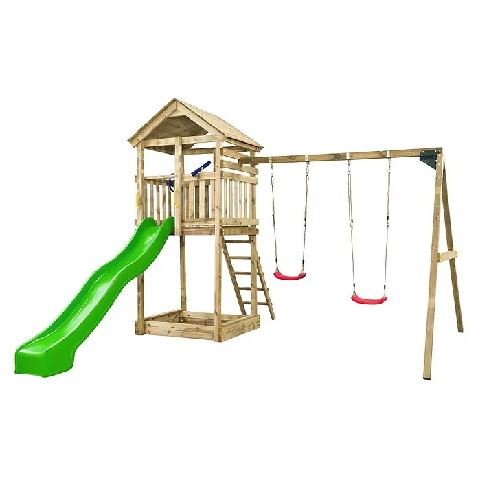 Swing King Kinderspielturm Daan - Holz/ Apfelgrün - Ein Spielturm mit Rutsche, Sandkasten und zwei Schaukeln bietet vielfältigen Spaß für Kinder im Garten.
