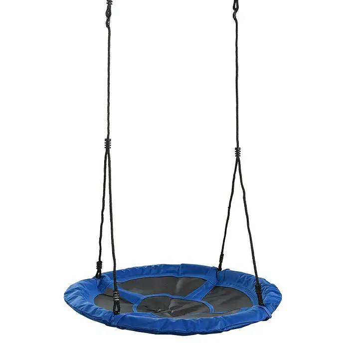 Swing King Nestschaukel Leinwand - Durchmesser: 98 cm, Blau - Eine blaue Nestschaukel mit schwarzen Seilen hängt vor einem schwarzen Hintergrund und bietet Kindern eine lustige und sichere Spielmöglichkeit.